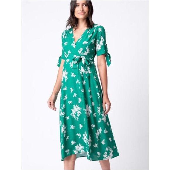 Seraphine Floral Print Midi Wrap Maternity Dress Green SZ 10 - Picture 3 of 6